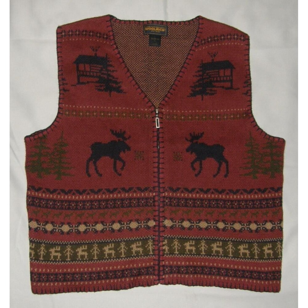 WOOLRICH Winter Theme Sz Large Maroon Full Zip Stretchy Stretchy Sweater Vest